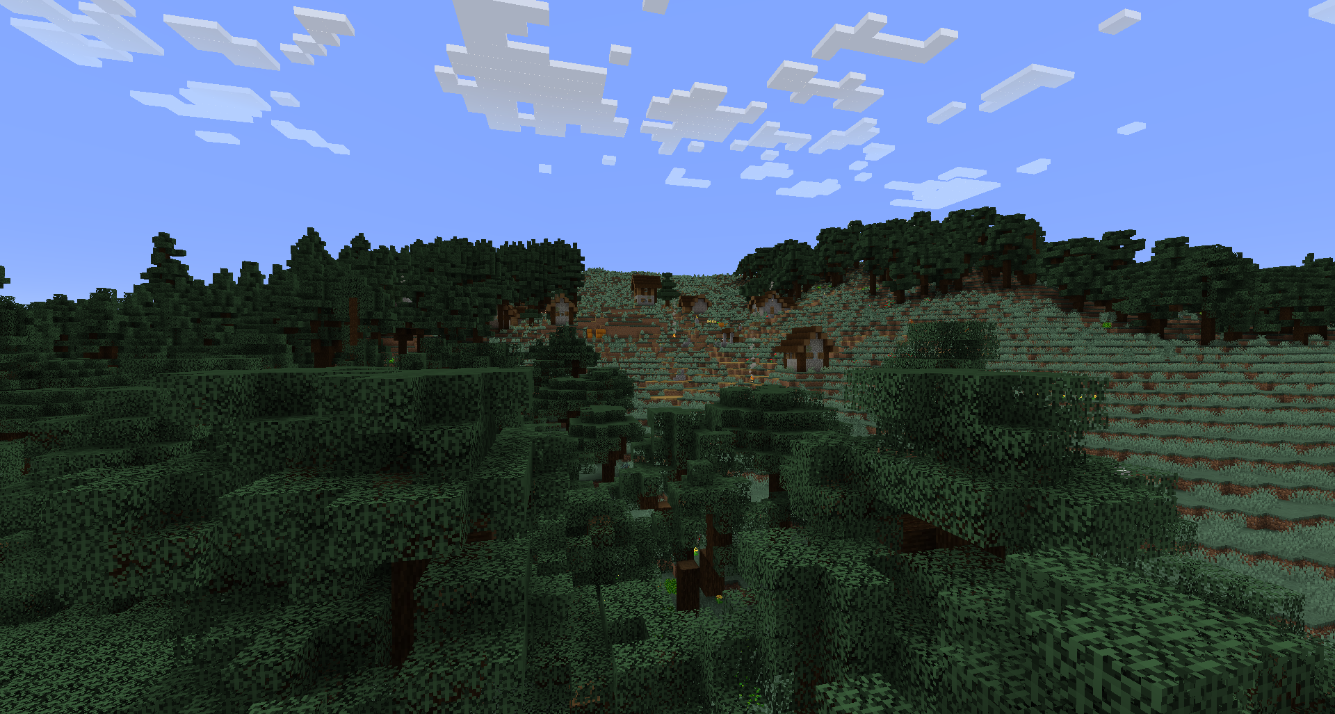 A small village on a mountain generated with TerraForged.