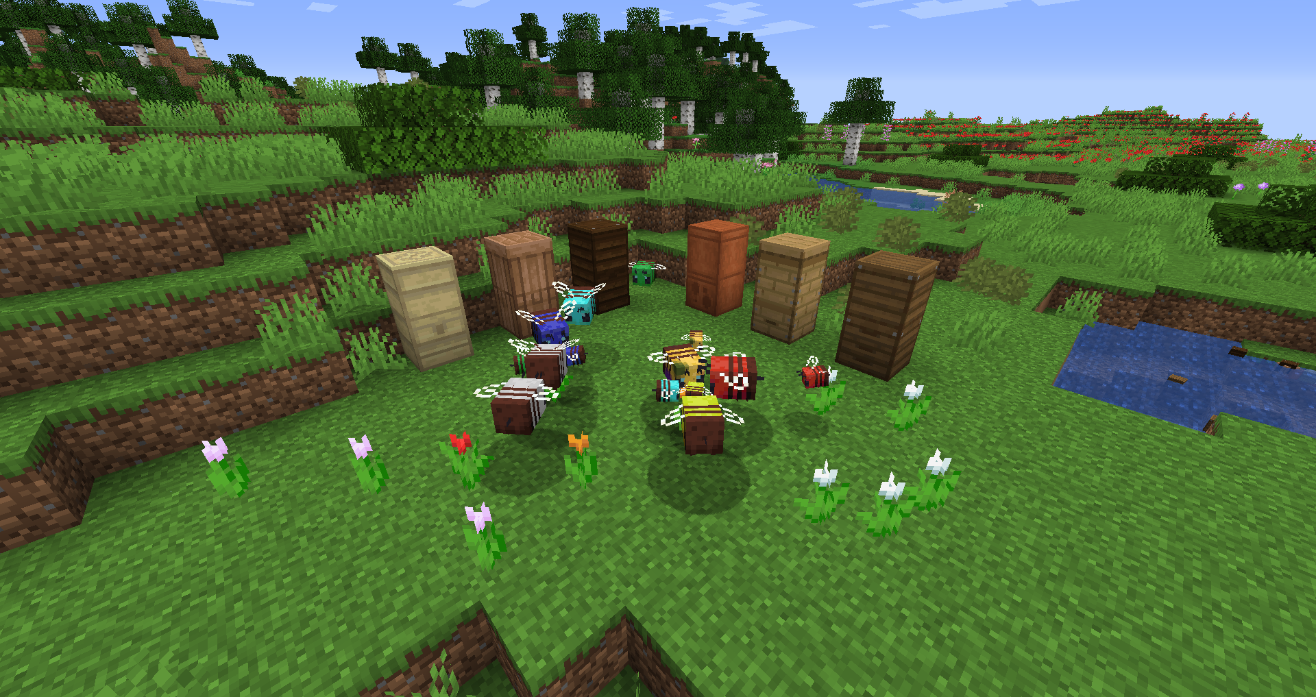 Image from the Productive bees mod, with multiple colours of different bee types