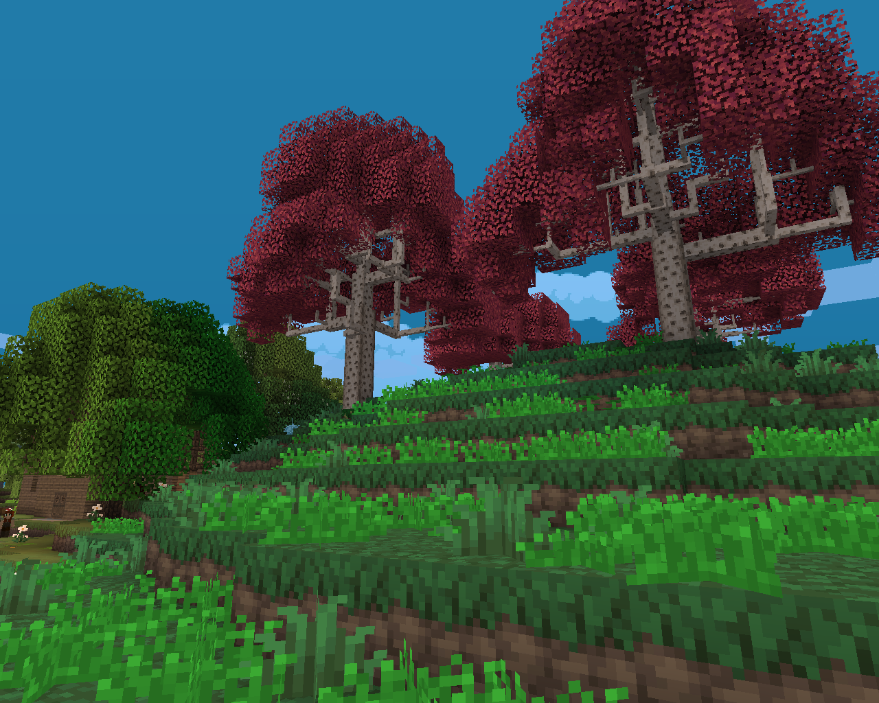 To enhance forests, I used the famous "Better Foliage"(press f8 to configure or deactivate) and Dynamic trees, be careful not to be hit by a tree you chopped... You will notice during your adventure that leaves' color will change as seasons are added