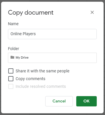 Example Spreadsheet: Copy document