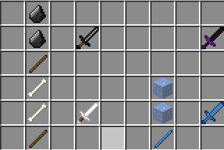 Top left - Flint sword
Top right - Ender sword (No recipe yet)
Bottom left - Bone Sword
Bottom right - Ice sword