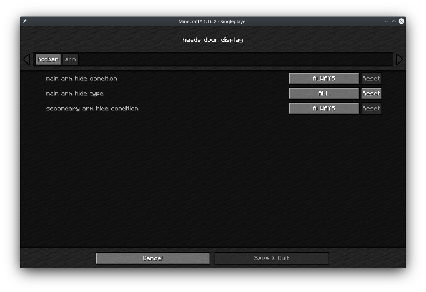 arm configuration with Mod Menu present