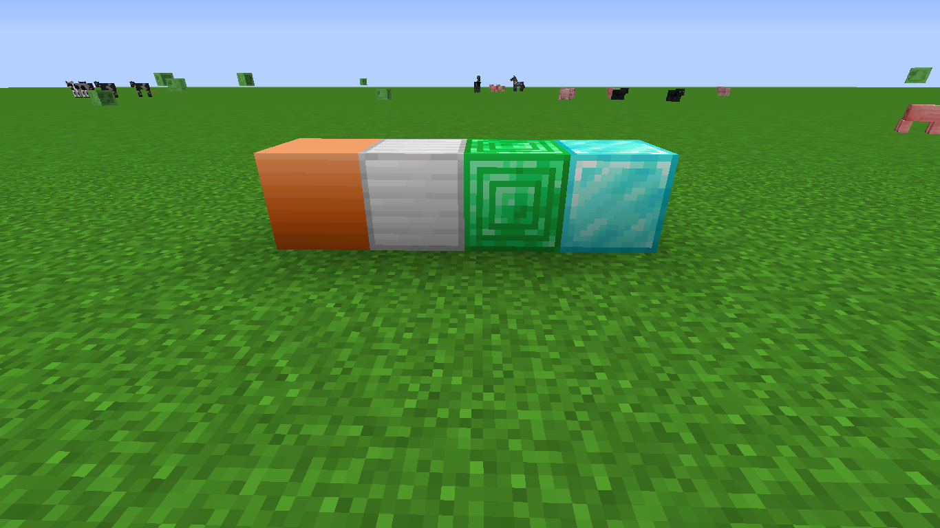 Copper Block next to Iron,Emerald,Diamond