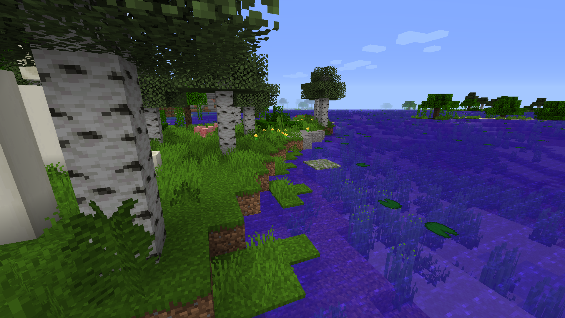 A rare swampy biome with fossils, lots of greenery, and deep blue water.