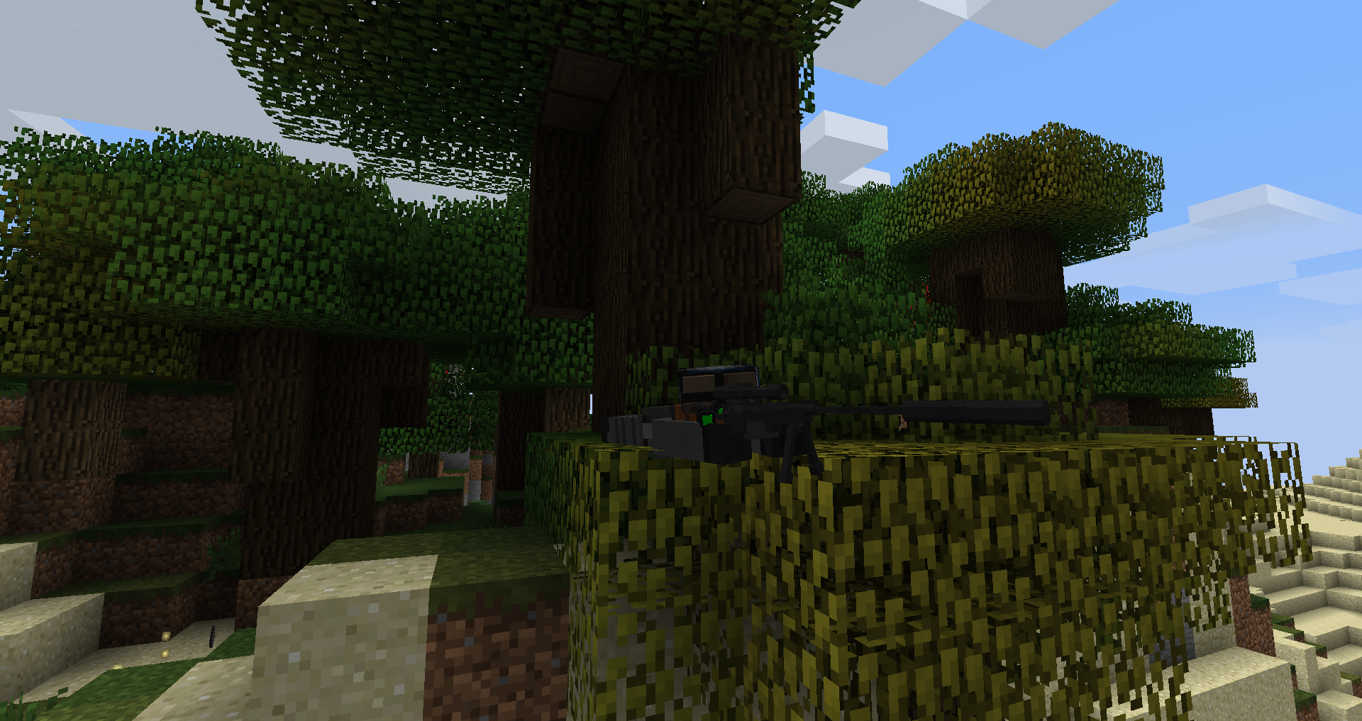 Prone hiding in the trees.