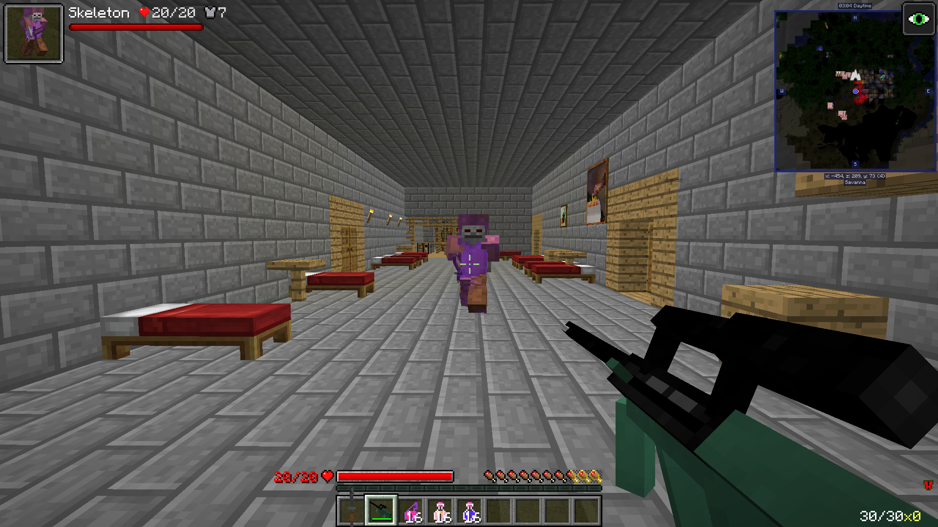 - Health Bar when looking at an mob
- Custom Health Bar (Start with 20 HP and end with 100 HP max)
- Potions Stack up to 16
- New Stronger Health Potions
- Easier Potion recipes
- Get extra Money (Bounty) when killing mobs from dungeons