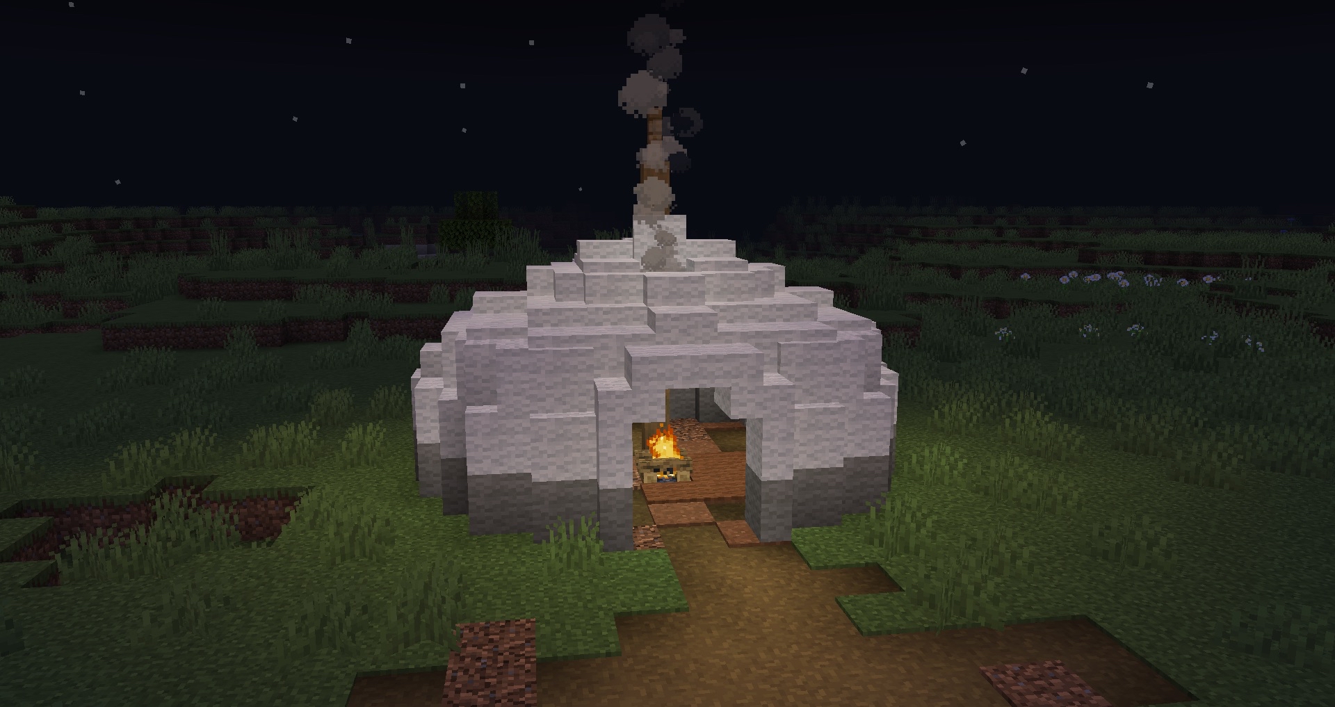 A small tent built using the new block models added by the mod