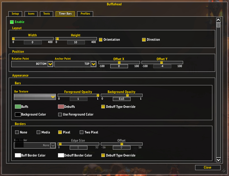 Options panel: Timer Bars tab