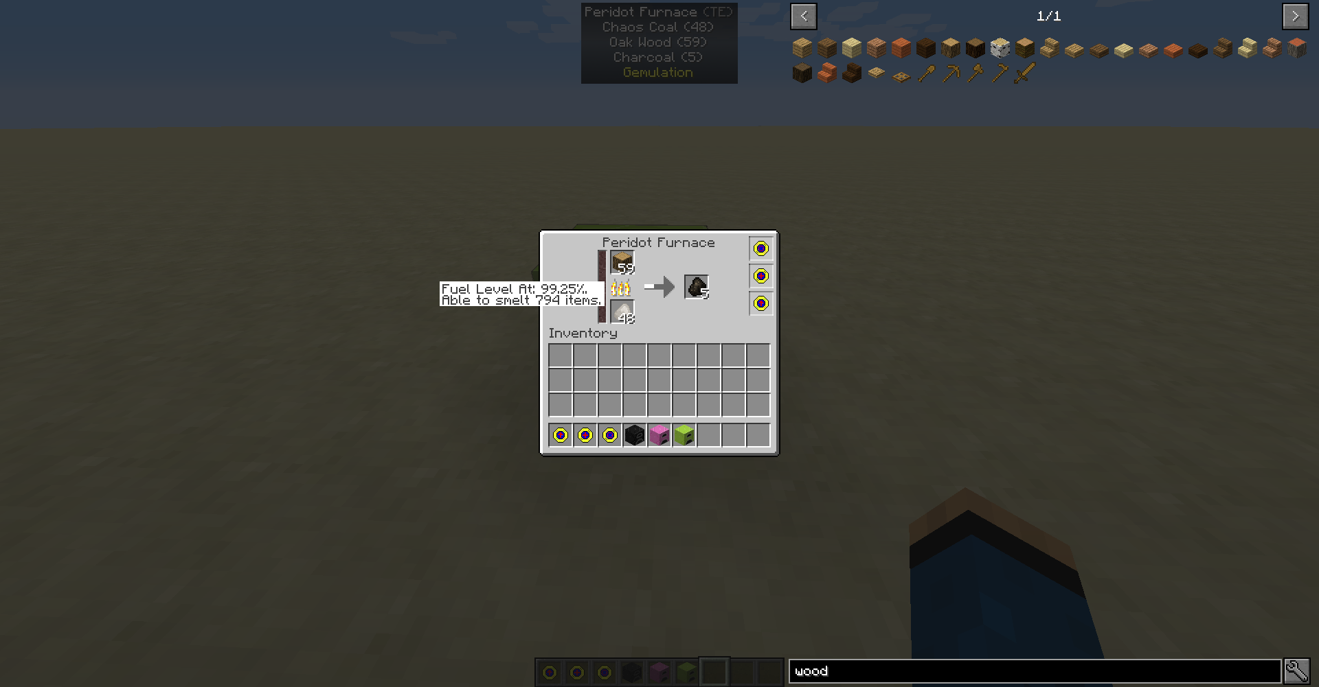 One of the many Gem Furnaces available for construction. Note the fuel gauge on the left and upgrade slots on the right! (Upgrades applied by sneak-clicking on the block with them in hand and cannot be removed without destroying the block.)