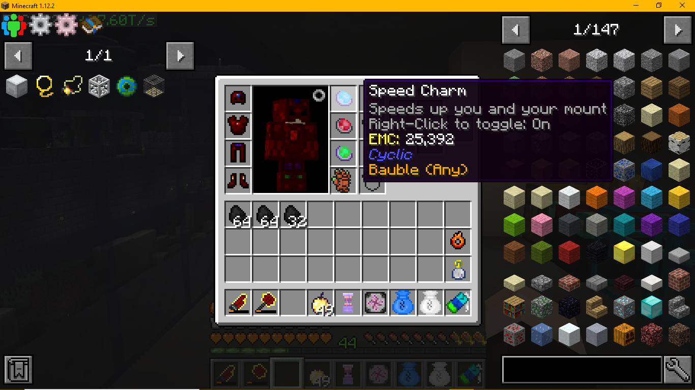 So many items can fit on you now. So many. Including these special charms that allow you to fly, walk really fast, not fall in the void, etc.