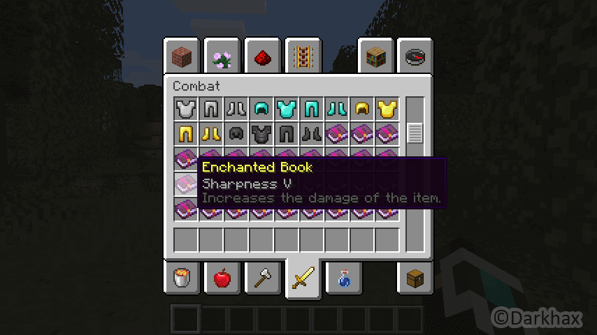 Screenshot of a description being added to an Enchanted Book with Sharpness V.