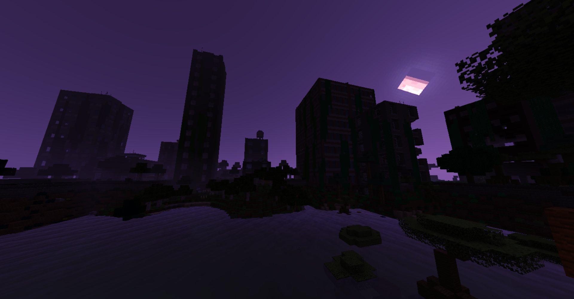 While messing around with shaders, I found that the cities generated from the Lost Cities mod look really pretty at night.