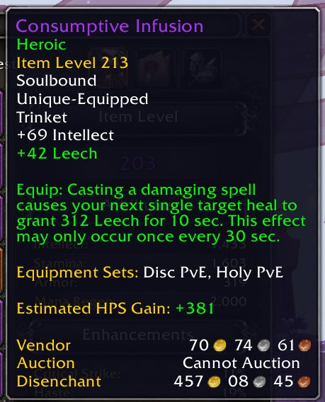 The tooltip shows estimated HPS for trinkets