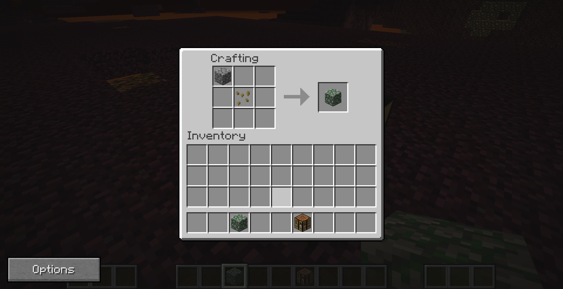 this is the shaped recipe for mossy cobblestone grass seeds and cobblestone