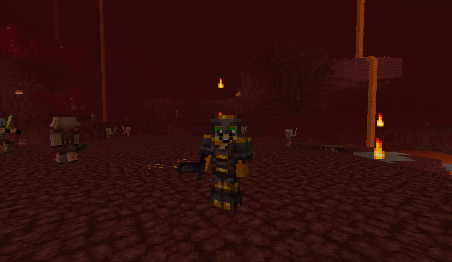 A player with gilded armor protecting himself from the piglis