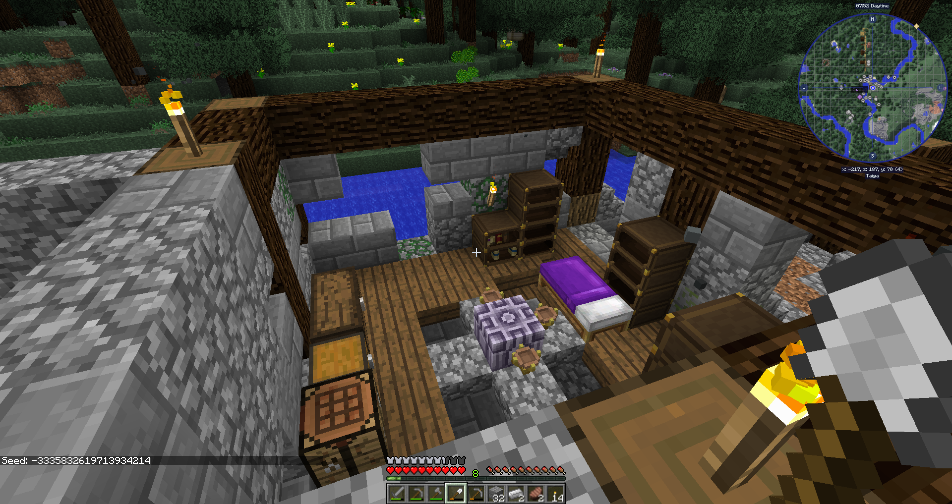 seed included On screen. world with spawn near village and infront of an Ars ruins
