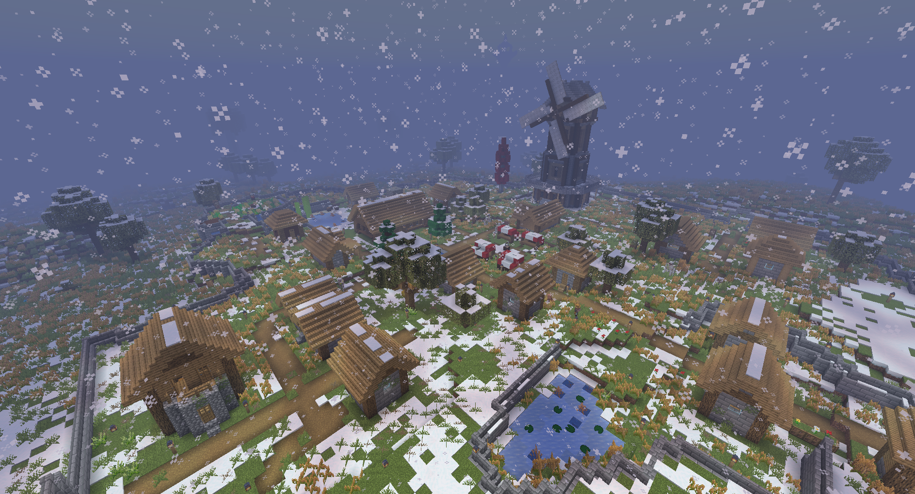 The spawn of the official server, covered in snow.