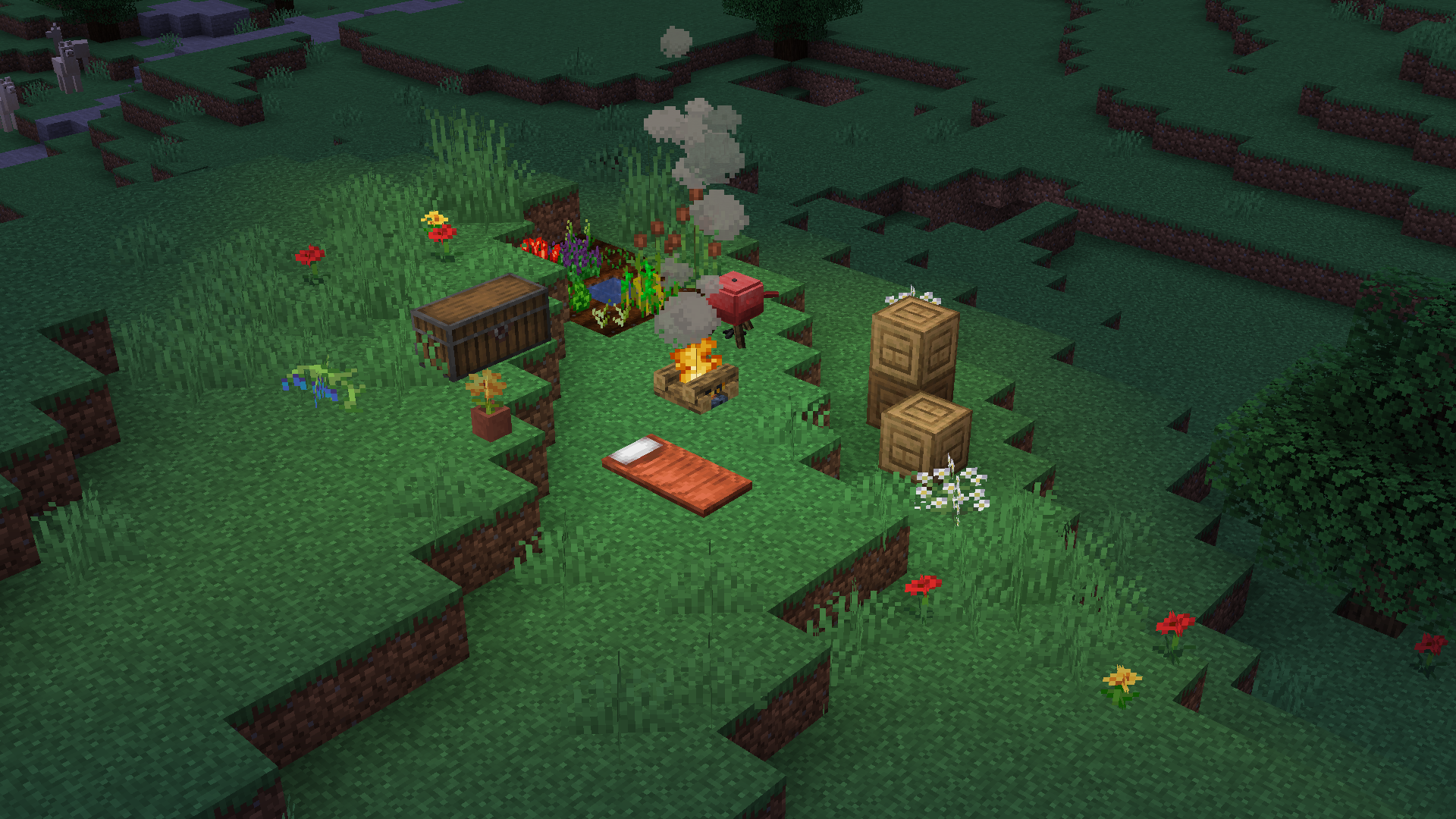 A campsite, with a fire, some crates, a bedroll and a small crop farm