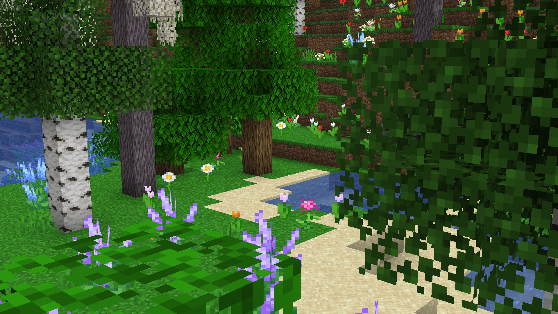 A blooming flower forest, with some lakes and wisteria trees