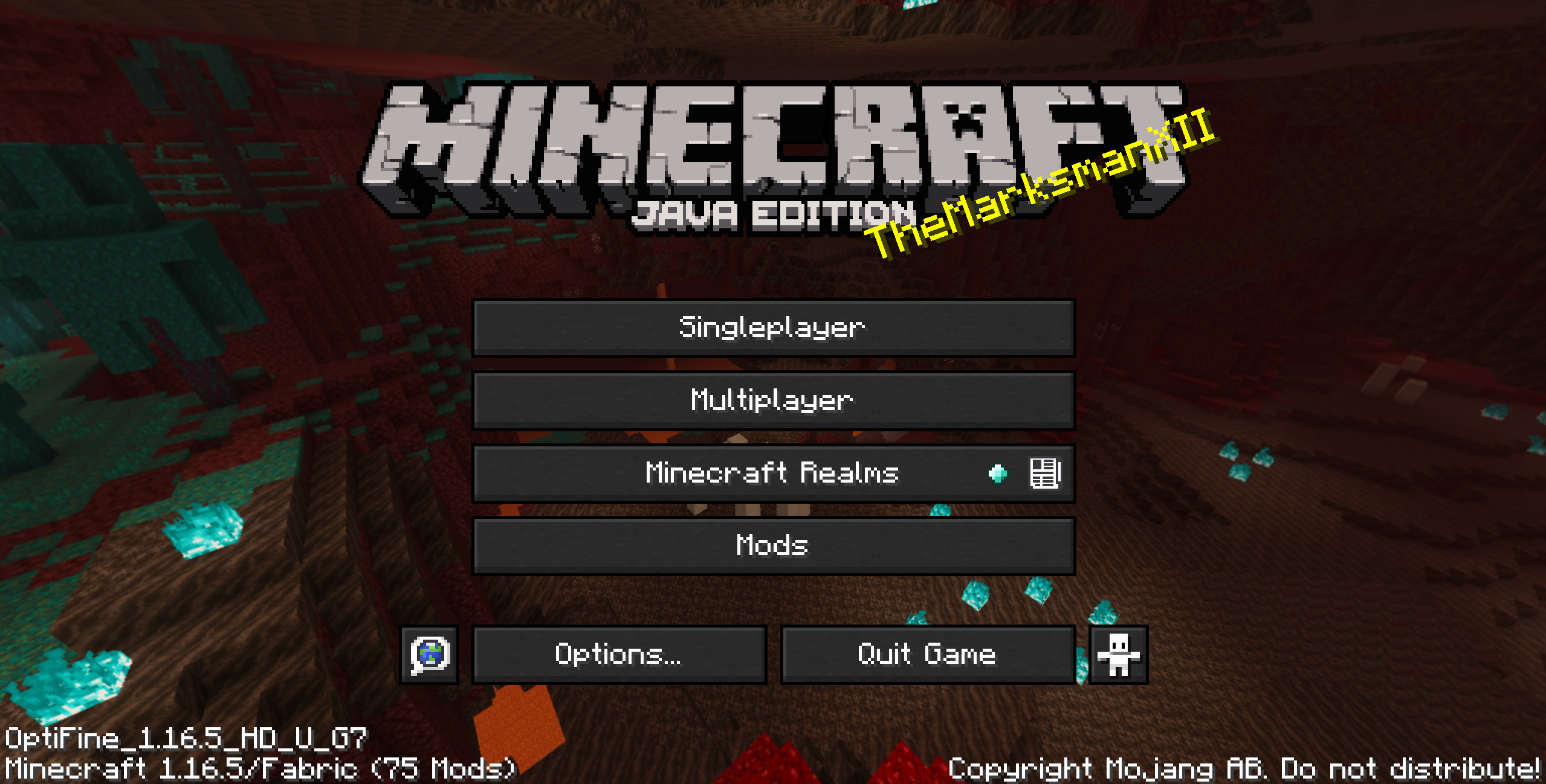 An image showing that splash text now show "TheMarksmanXII" (customizable).