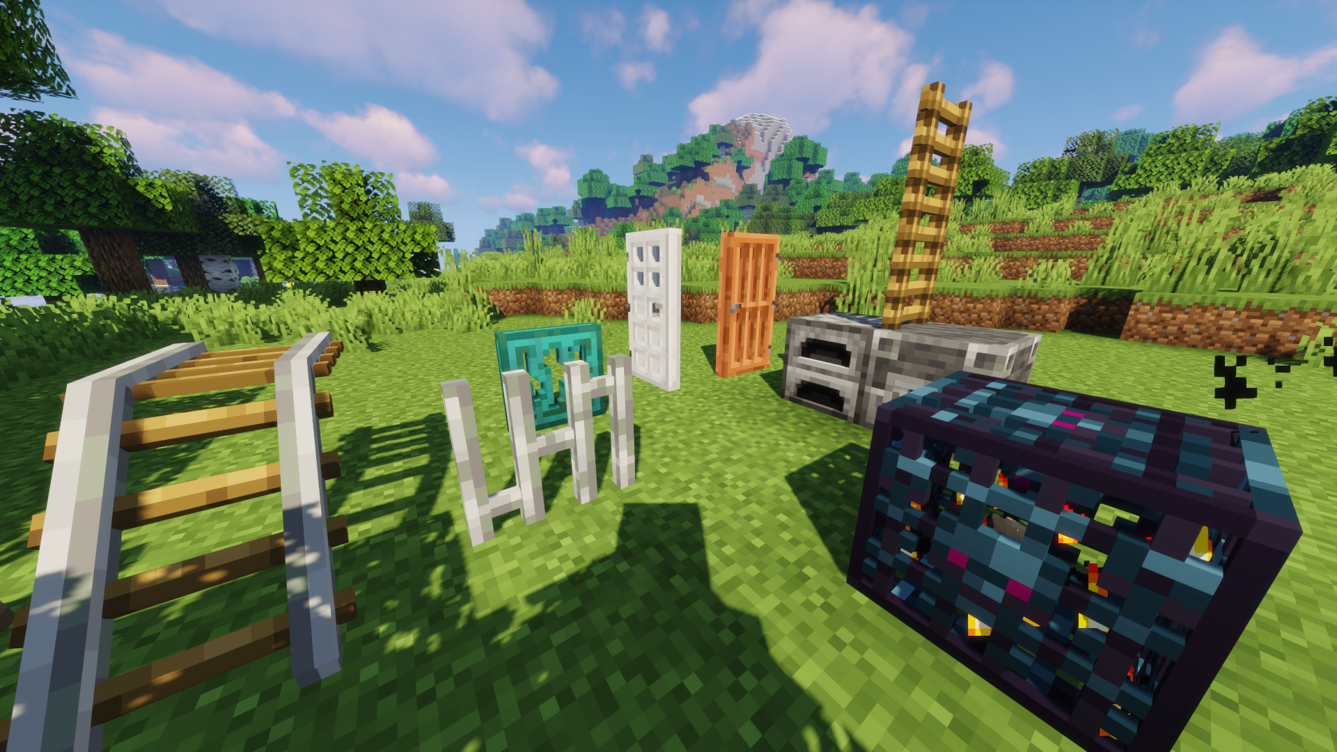 Shows the 3D Rail, Iron Bars, Iron Door, Warped Trapdoor, Acacia Door, Furnace, Blast Furnace, Ladder and the Mob Spawner