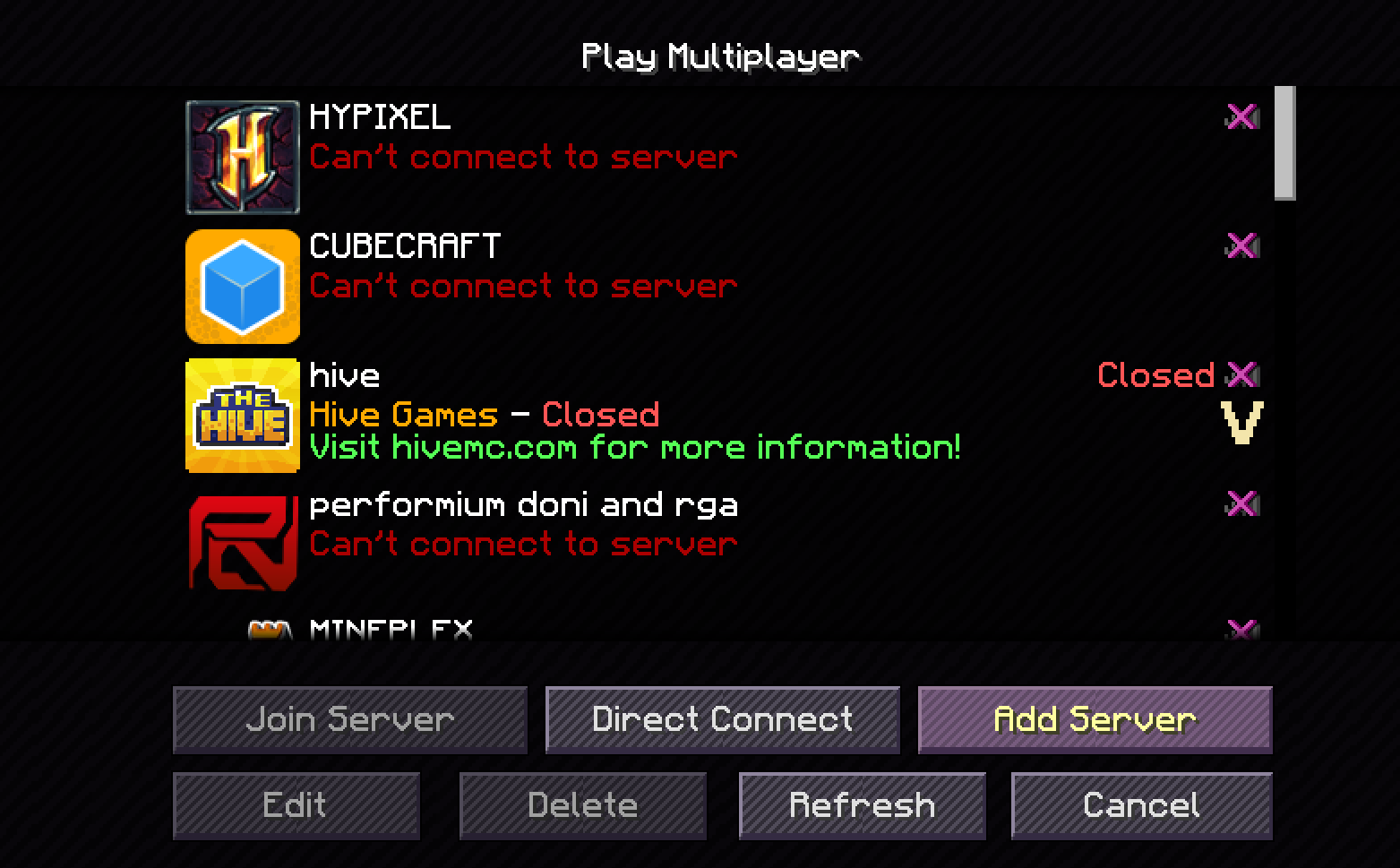 server selector screen