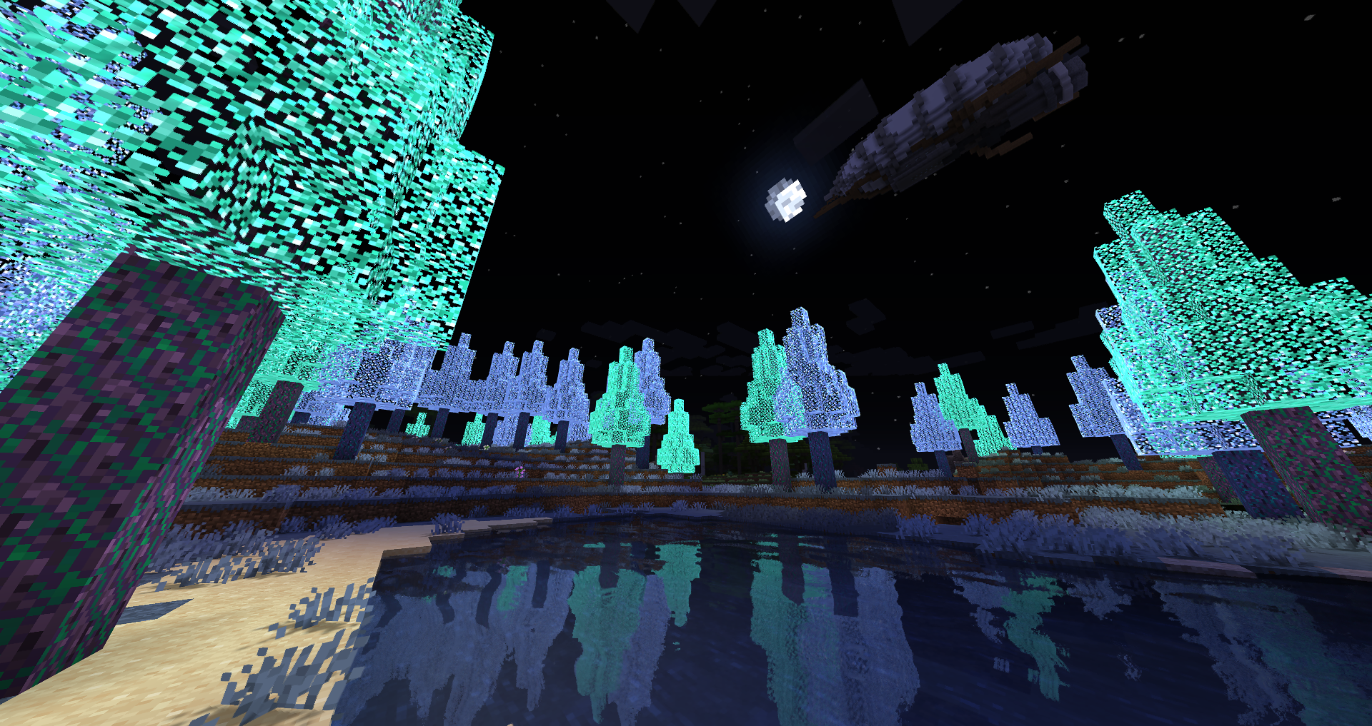 A mystical biome from BYG. An airship dungeon can be seen floating in the night sky.