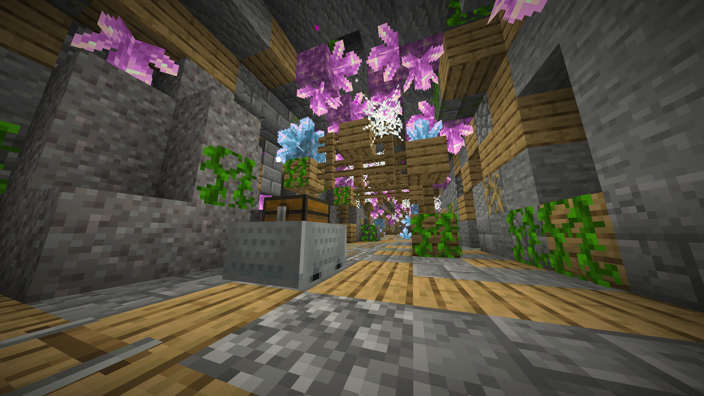 A chest in a mineshaft with crystals