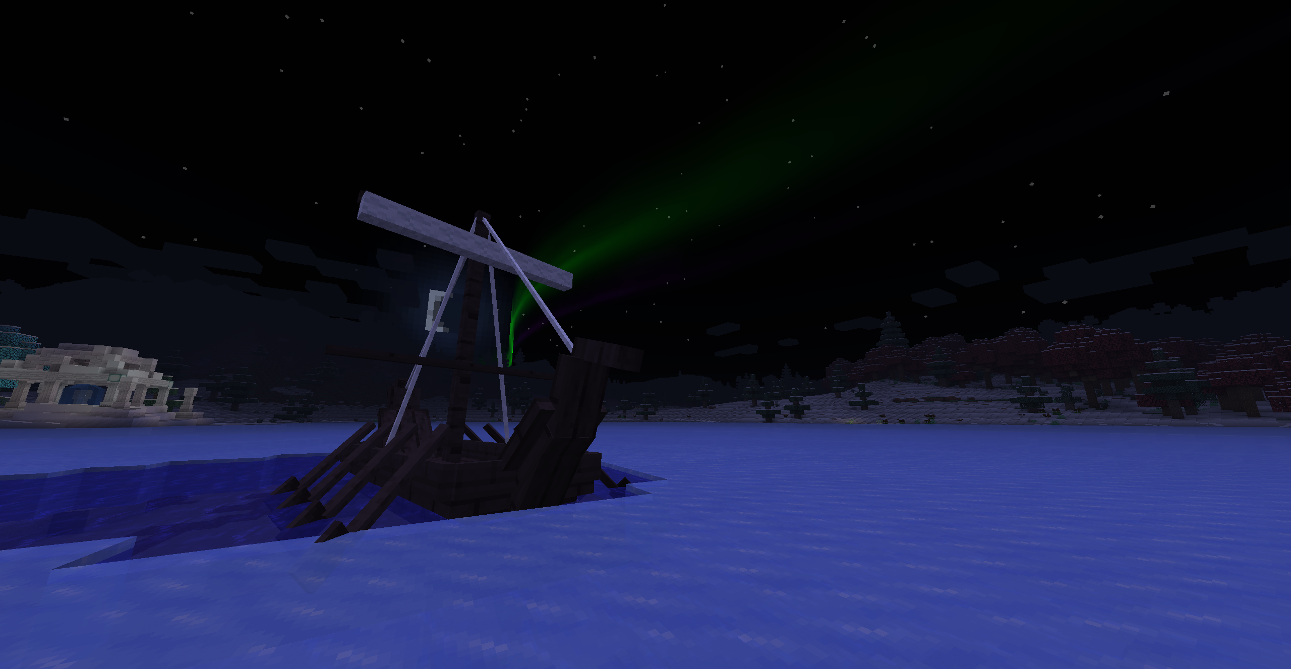 An aurora lights the night sky over a frozen biome