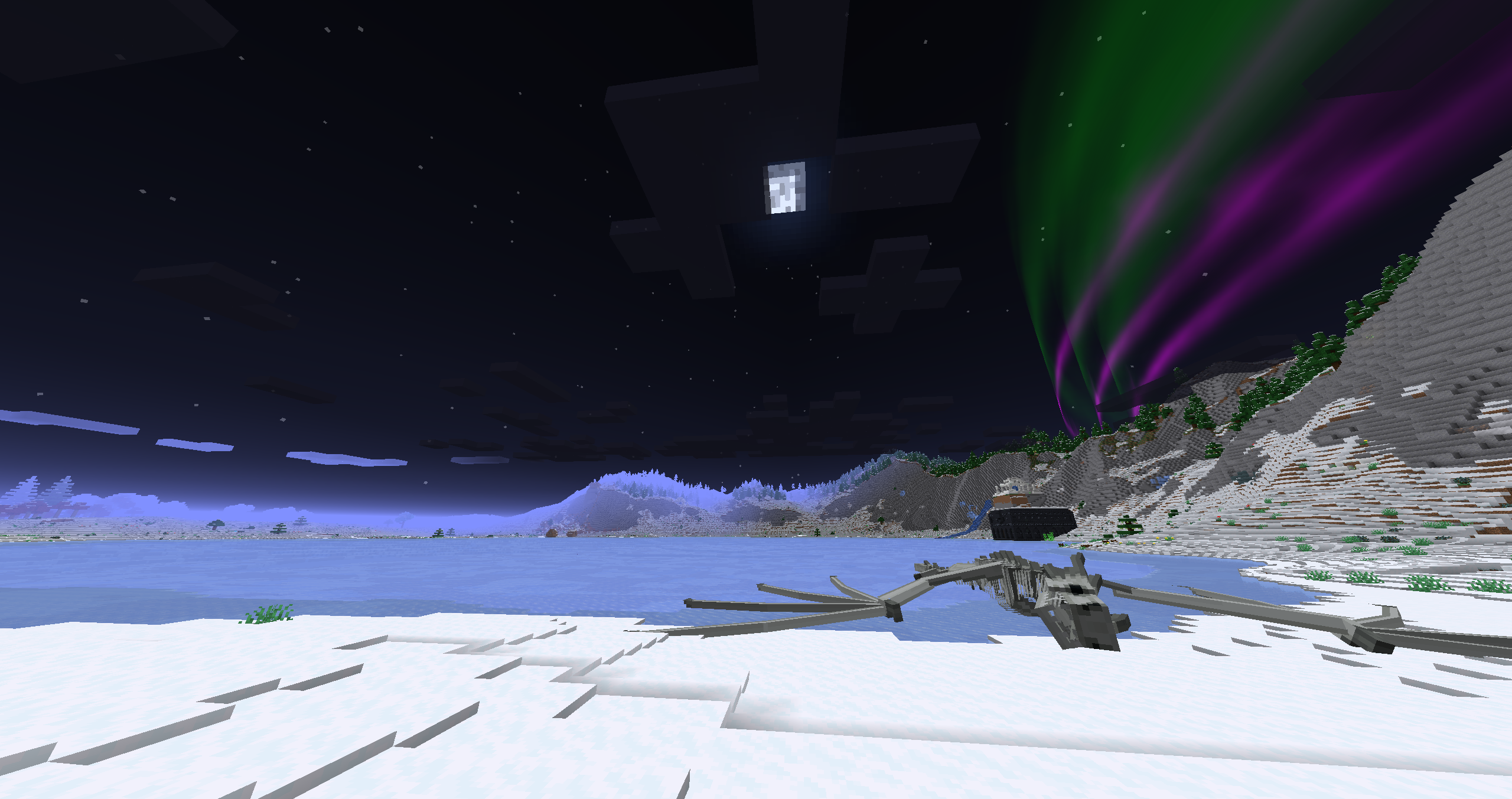 A dead ice dragon on the shore of a frozen lake