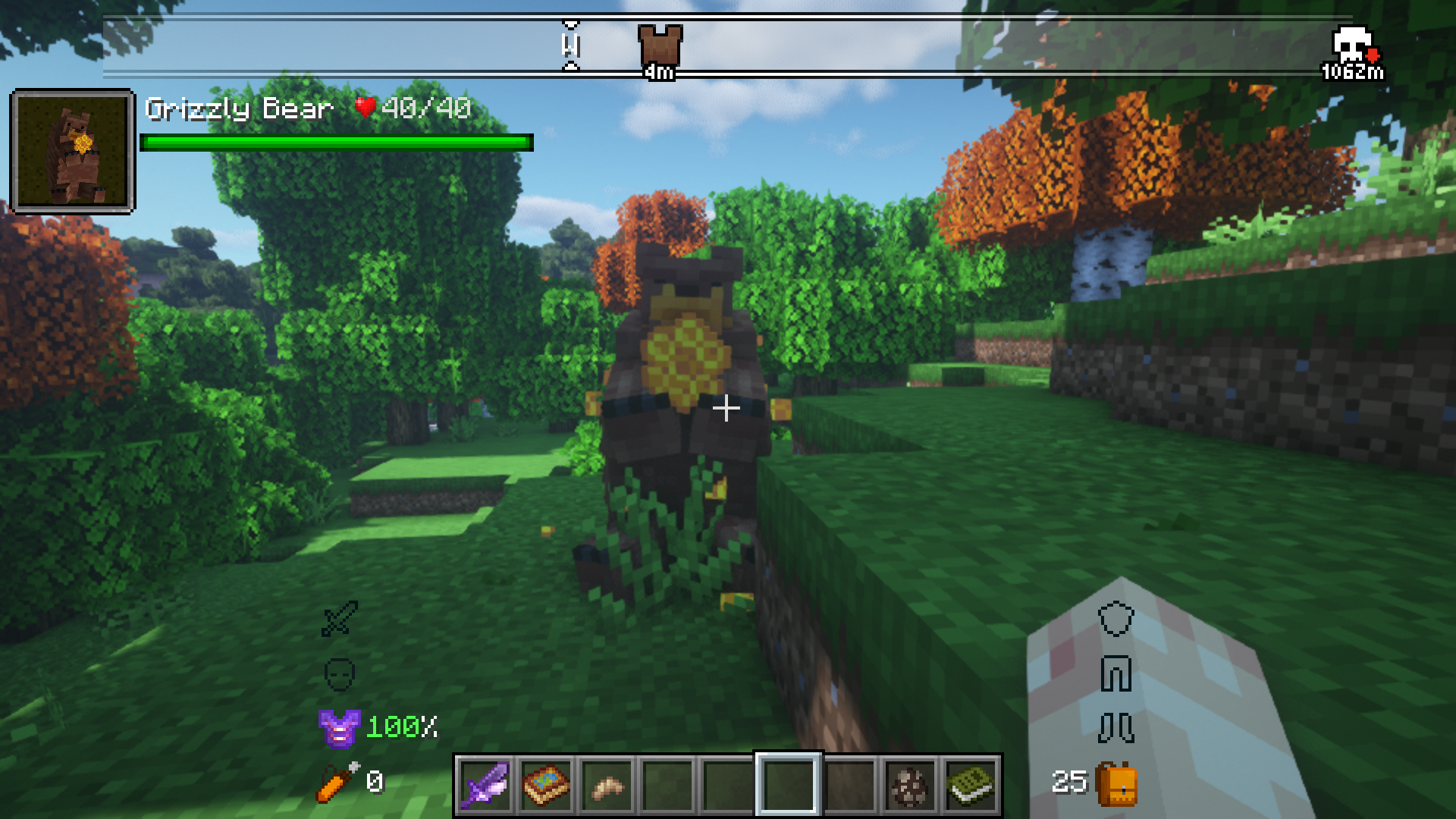 Tons and tons of new mobs to discover, tame, and even slay! Here's a Grizzly Bear from Alex's Mobs getting his fill of honey from a nearby beehive!