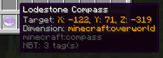 Thumbnail Displays the coordinates and dimension of a lodestone compass if advanced tooltip is enabled (F3+H).