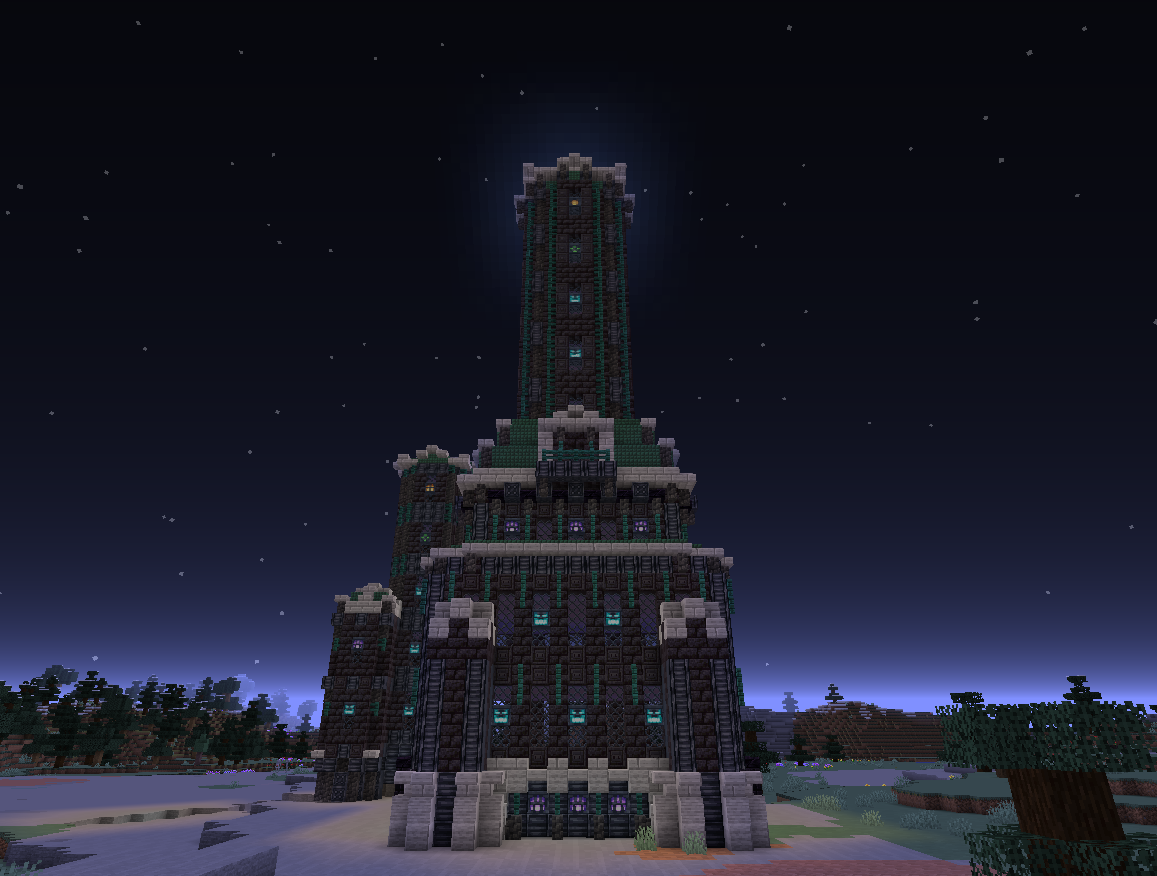 A castle built with Cinder Bricks, Industrial Iron, and Large Lanterns