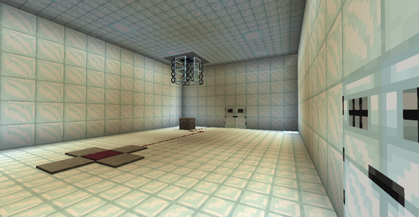 The first room in Portal built using Padded Blocks, Neon Lights, and Chain Link Fences