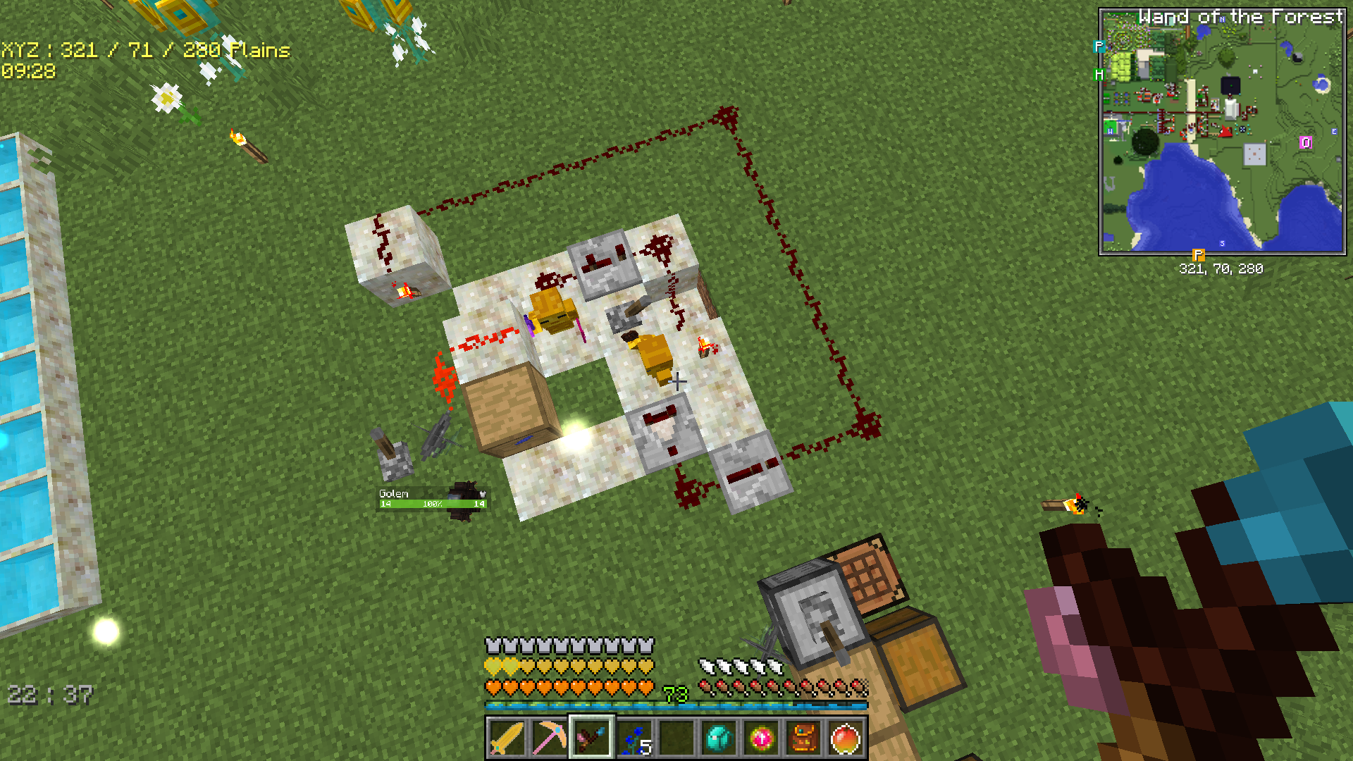 First avatar stops if the second have no mana.
Second avatar shears every time first grows a plant.
Lever stops both.