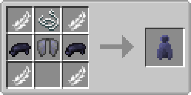 The Cloak of Invisibility is crafted with 1 Elytra, 1 Strings, 2 Black Dyes and 4 Feathers 