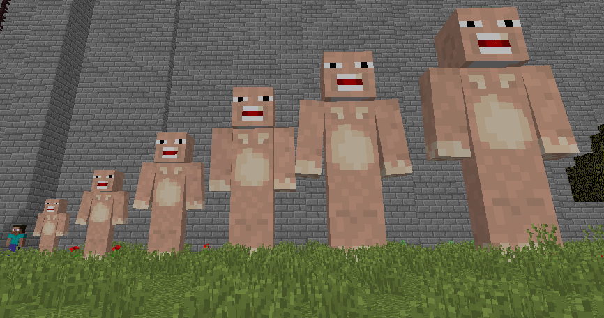 A meter in minecraft is 1 block, meaning each Titan is as tall as they should be.
Left from Right is 3 Meters, 5 Meters, 7 Meters, 10 Meters, 12 Meters, and 15 Meters.
Steve, of course, being 2 blocks tall, taller than the average human.