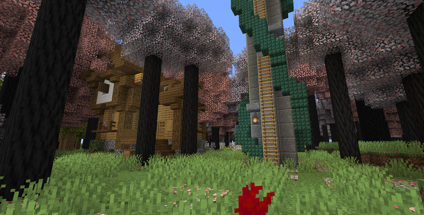 An abandoned house hidden deep within in a cherry blossom forest.