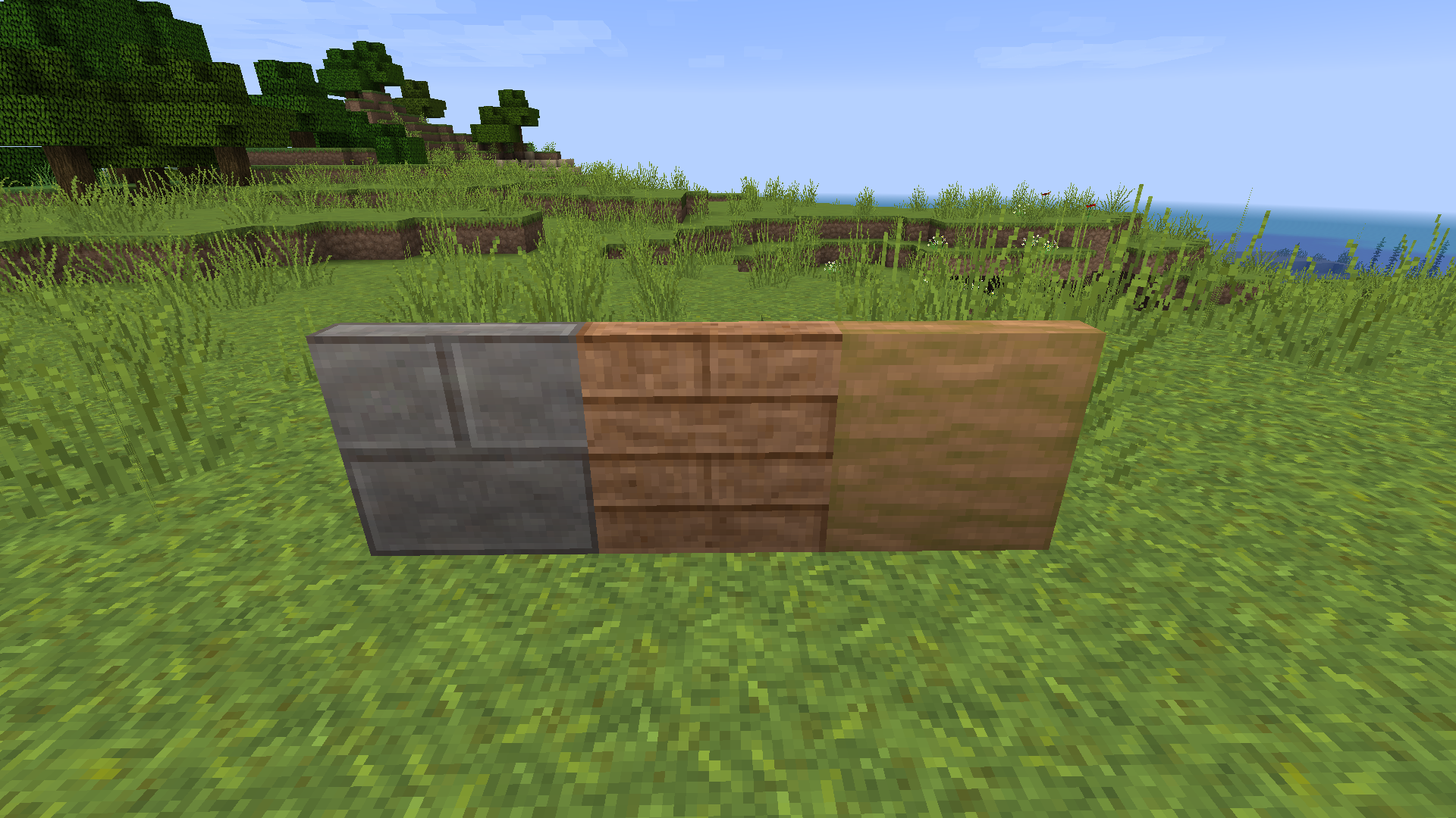 from left: stone brick, jungle planks, stripped log trapdoors