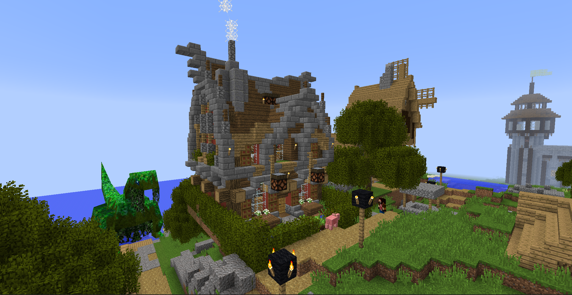 Improved villages throughout with a dinosaur inside this one.