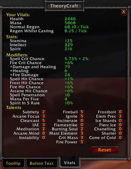 This tab collects all relevant stats for the number crunching, and allows you to fiddle with your talent setup.