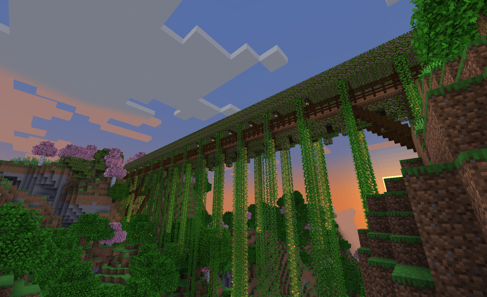 A beautiful covered bridge spanning from one meadow plateau to another making use of the gorgeous new 1.18 generation