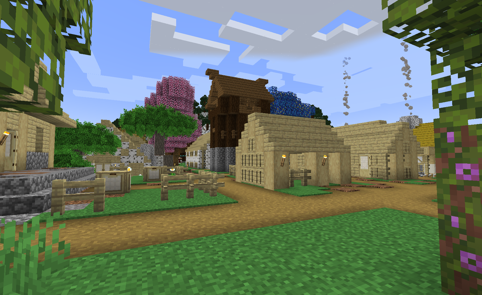 Another shot of a Minecolonies Village showing off even more of the mod's diverse architecture!