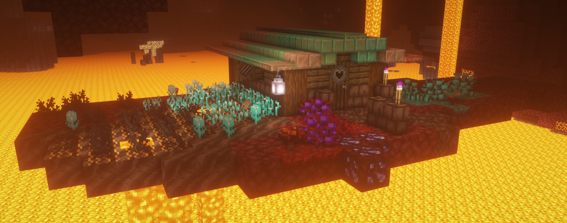 A house in the nether on a floating island, in the middle of a big lavalake.