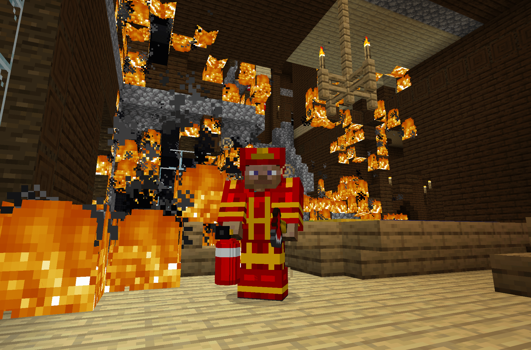 Майн огонь. Огонь майнкрафт. Мод на пожарных в майнкрафт. Огненная броня из Minecraft. Огнетушитель майнкрафт.