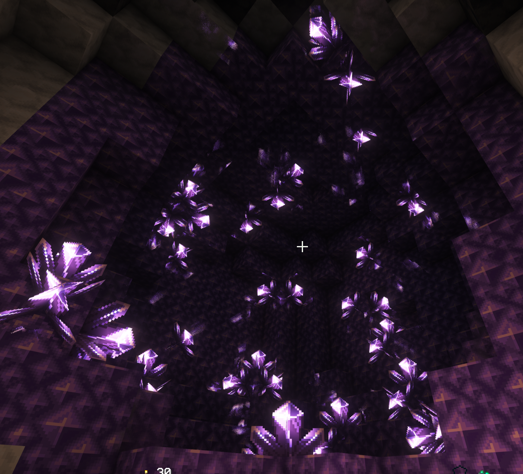 A view up into an amethyst-filled geode.