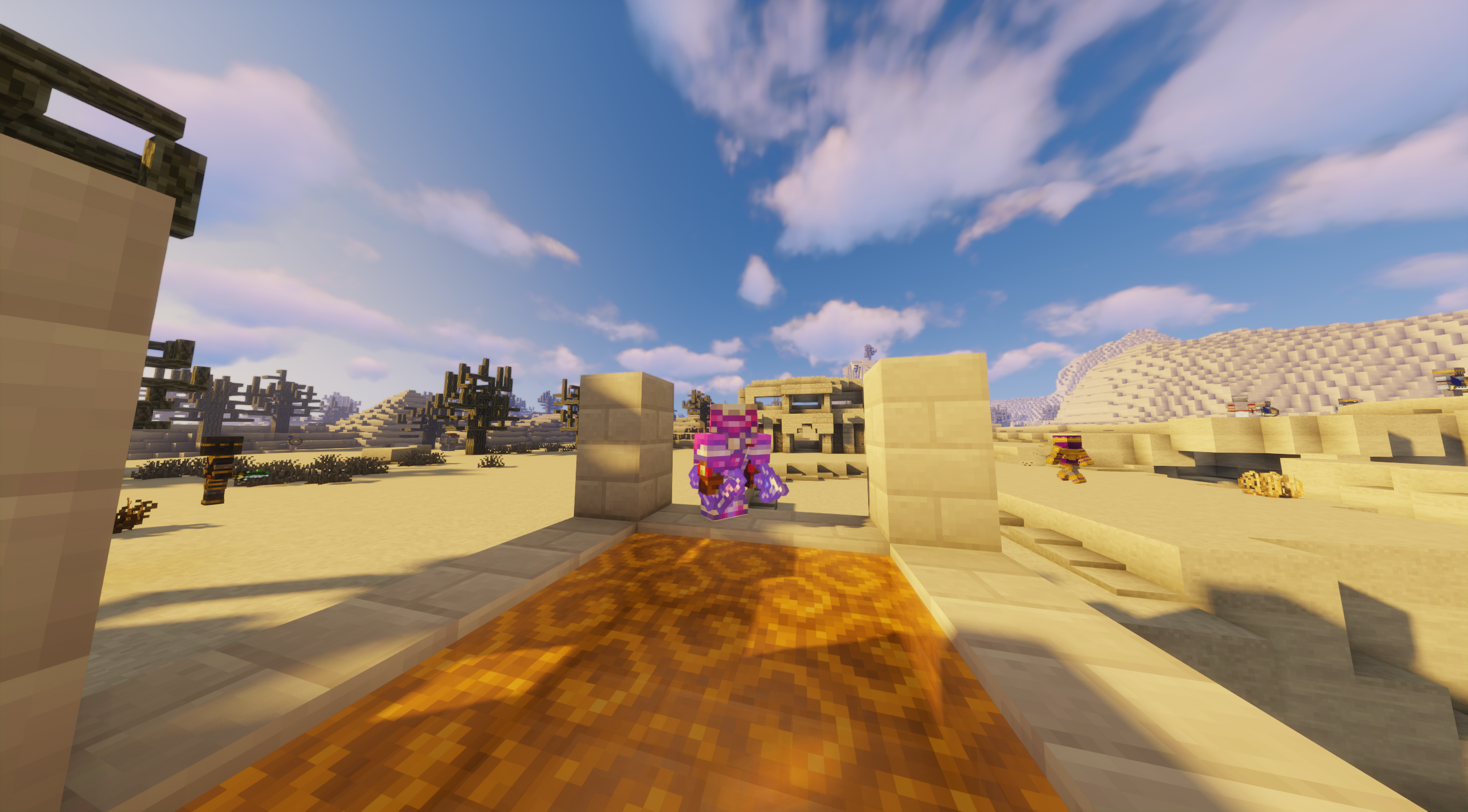 Here you see the portal, a player in god armor, some new mobs and structures in the desert dimension from the Atum Mod