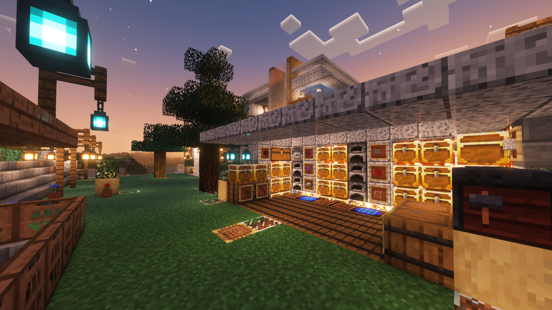 A storage system at a base, using gold chests from the Iron Chests mod for a more expansive storage system.