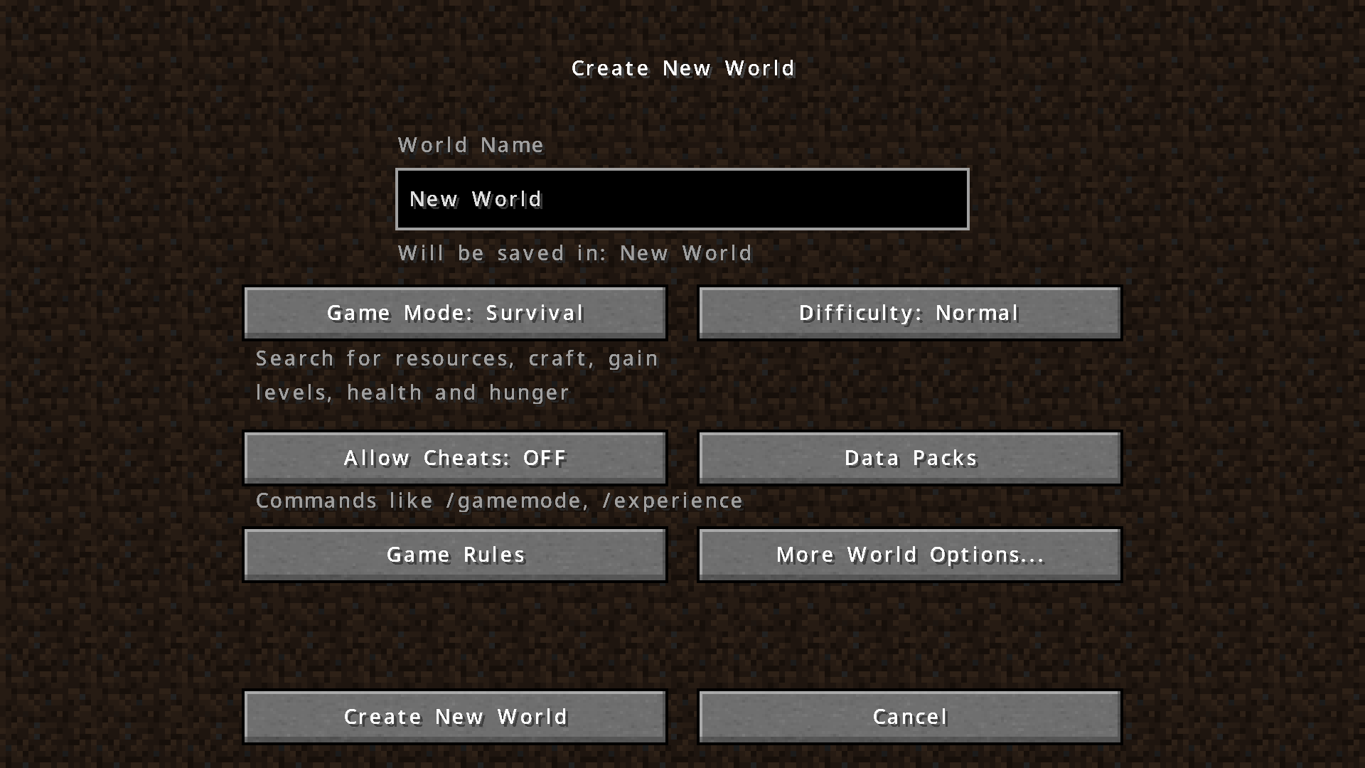 Creating New World Screen (New)