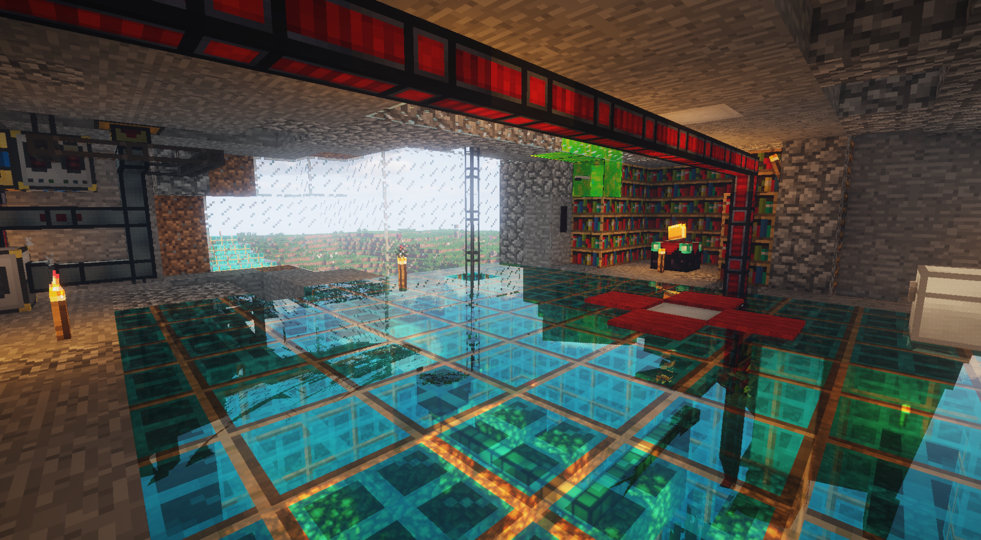 Thumbnail One of my testing grounds with shaders, glass bottom and a serene seasons greenhouse below.